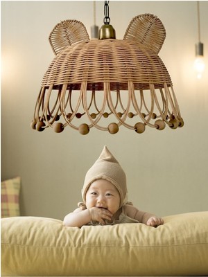 Normadia Rattan ve Bambudan Şık Çocuk Odası Sarkıt Avize, Metal Zincirle Asma