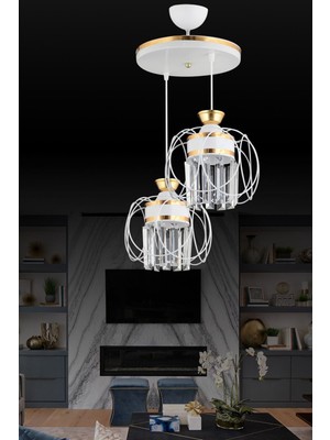 Normadia Beyaz Sarkıt Tepsi Çiftli Güneş Sarı Kristal Aydınlatma Seti