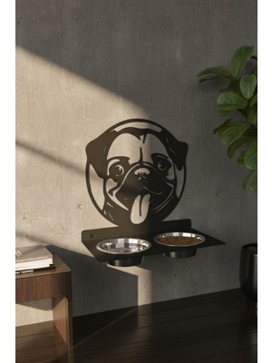 Grandmix Pug Figürlü Duvara Monte Ikili Mama ve Su Kabı Standı Evcil Hayvan Beslenme Ünitesi