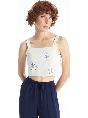 Lc Waikiki Yeni Sezon Kare Yaka Nakışlı Keten Karışımlı Kadın Crop