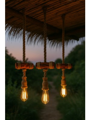 Normadia Bohem Tarzı Jüt Sarkıt Halatlı Ahşap Avize, 3'lü Set