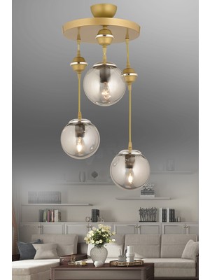 Normadia Eskitme Füme Camlı 3'lü Sarkıt Tepsi, Krom Aşağı Bakan Lüks Avize