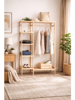 Ahşap Ayaklı Askılı Raflı Çok Amaçlı Elbise Dolabı
