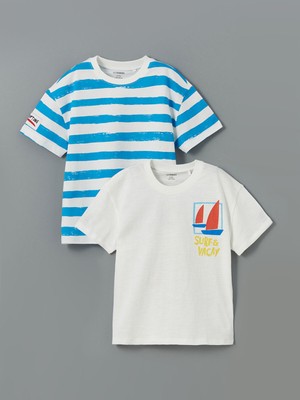 Lc Waikiki Yeni Sezon Bisiklet Yaka Çizgili Erkek Çocuk Tişört 2'li