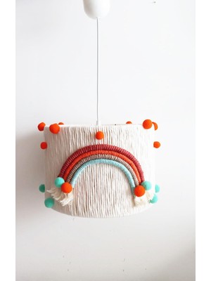 Normadia Renkli Gökkuşağı Mint-Turuncu Ponponlu Makrome Sarkıt Avize