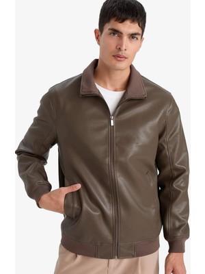 DeFacto Slim Fit Dik Yaka Astarlı Fermuarlı Suni Deri Mont F7743AX26SP