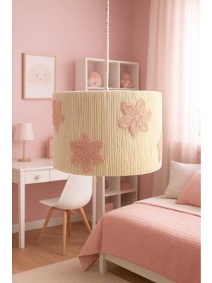 Normadia Ekru Makrome Silindir Ip Sargılı Pembe Çiçekli Kız Çocuk Odası Sarkıt Avize