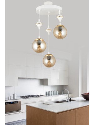 Normadia Beyaz Bal Glop Camlı 3'lü Sarkıt Tepsi Lüks Avize Seti