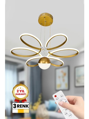 Normadia Papatya Kristalli LED Avize, 3 Renk Kumandalı, Gold Kasa, Şık ve Modern Tasarım