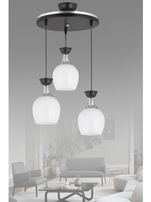 Normadia Modern 3'lü Sarkıt Tepsi, Siyah Fanus ve Camlı Krom Şeritli Avize