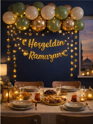 Okavango Hoşgeldin Ramazan Gold Yazı Ledli Zincir 13 adet Balon Seti Gold Hoşgeldin Ramazan Yazısı 2 adet 3 metre LED Işıklı Ramazan Takvimi