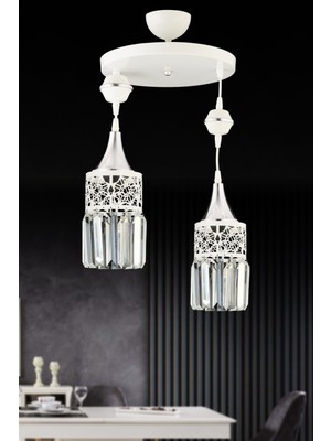 Normadia Beyaz Sarkıt Tepsi Çiftli Krom Ağırlıklı Kristal Avize Dekorasyonu