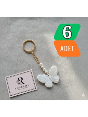Rosfloa 6 Adet Anahtarlık –kart & Jelatin Yok- Hediyelik Kelebek & Inci Detaylı Anahtarlık-Çanta Süsü (9cm)