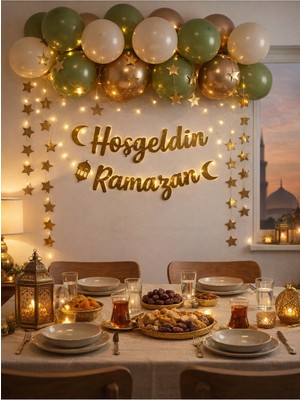 Pairla Hoşgeldin Ramazan Gold Yazı Ledli Zincir 13 adet Balon Seti Gold Hoşgeldin Ramazan Yazısı 2 adet 3 metre LED Işıklı Ramazan Takvimi