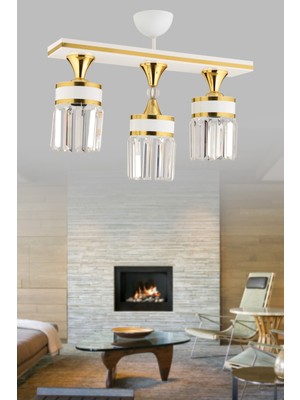 Normadia Şık 3’lü Beyaz Gold Kristal Taşlı Modern Lüks Avize