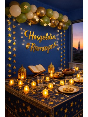Okavango Hoşgeldin Ramazan Gold Yazı Ledli Zincir 13 adet Balon Seti Gold Hoşgeldin Ramazan Yazısı 2 adet 3 metre LED Işıklı Ramazan Takvimi