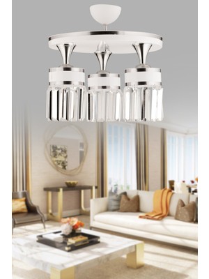 Normadia Modern 3 Lü Kristal Taşlı Beyaz Krom Yaldızlı Avize