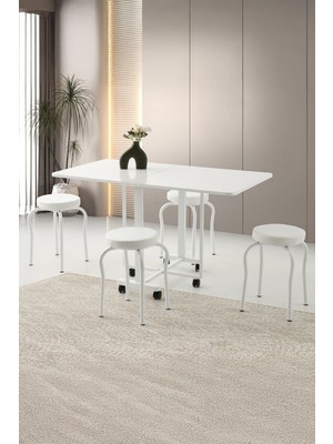 Sweet Home Masa Sandalye Katlanır Lizbon Metal Portatif Tekerlekli Masa  4 Adet Tabure  Takım