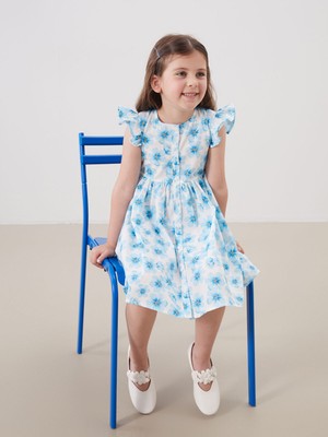 Lc Waikiki Yeni Sezon Önden Düğmeli Çiçekli Kız Çocuk Poplin Elbise