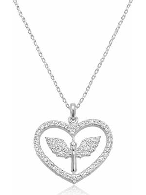 Erseyy Gümüş Mikail Meleği Figürlü Kalp Kadın Kolye