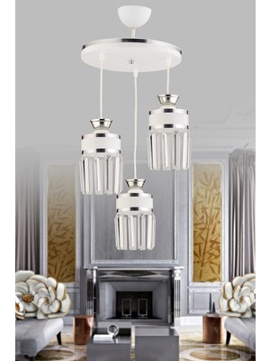 Normadia Modern 3'lü Sarkıt Tepsi, Beyaz Krom ve Kristal Taş Detaylı Avize