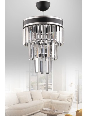 Normadia Şık Siyah Üç Katlı Kristal Modern Aydınlatma, Evinize Zarafet Katın