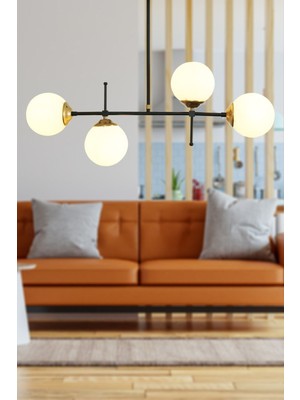 Normadia Şık Siyah Eskitme 4’lü Plafonyer Avize, Beyaz Cam Detaylı