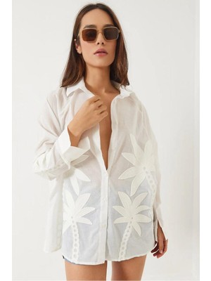 Septemmart Etnik Nakış Detaylı %100 Pamuk V Yaka Kadın Gömlek