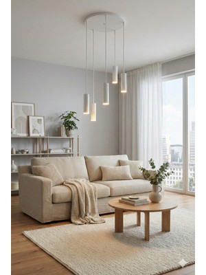 Normadia Modern 5'li Beyaz Silindir Sarkıt Avize, Iskandinav Tarz Salon ve Mutfak Aydınlatması