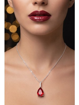 Tuncel Store Gümüş Renk Sıra Taşlı Bordo Damla Model Sf Zincir Çelik Kolye - 3846