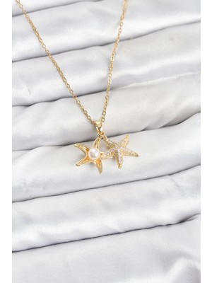 BYZM 316L Çelik Zincir Gold Renk Deniz Yıldızı Model Zirkon Taşlı Kadın Kolye