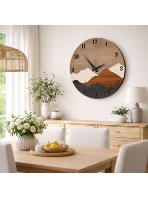 Aswood Modern Rustik Dağ Motifli 50  cm  Dekoratif Ahşap Renkli   Duvar Saati