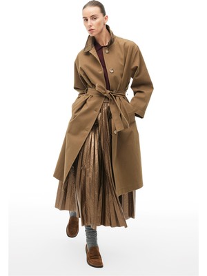 Perspective Yağ Yeşili Klasik Yaka Diz Altı Trençkot