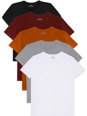 Tudors Unisex 5'li Paket Siyah-Beyaz-Bordo-Tarçın-Gri Slim Fit Dar Kesim %100 Pamuk Bisiklet Yaka Tişört