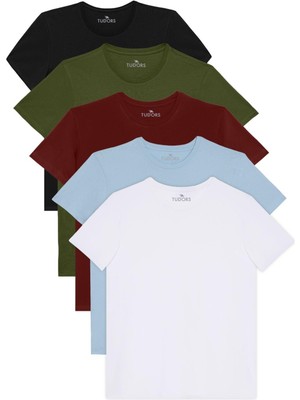 Tudors Unisex 5'li Pkt Siyah-Beyaz-Bordo-Haki-Açık Mavi Slim Fit Dar Kesim %100 Pamuk Bisiklet Yaka Tişört