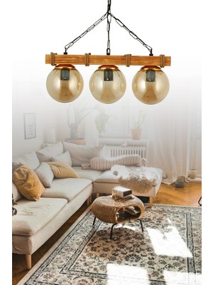 Normadia Şık Ahşap Üçlü Sarı Camlı Avize, Zarif ve Modern Dekorasyon Için