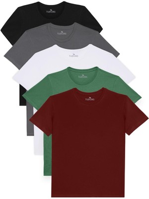 Tudors Unisex 5'li Paket Siyah-Beyaz-Bordo-Z.yeşili-Gri Slim Fit Dar Kesim %100 Pamuk Bisiklet Yaka Tişört