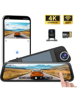 Conio PASENS Araç Dikiz Aynası Dvr – 4K Ultra Hd Ön + 1080P Arka Kamera, 10" IPS Dokunmatik Ekran, Wifi & App Kontrolü, Süper Gece Görüş, Bsd