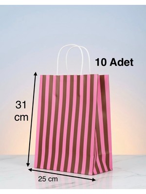 e ERTA Pembe ve Kahverengi Çizgili Kraft Çanta 25X31CM 10ADET Hediye Poşeti,hediye Paketi Kraft Kağıt Çanta