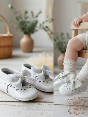 Denokids Kız Bebek Patik Hakiki Deri Taşlı Beyaz Yumuşak Taban Ayakkabı 17-21 Numara
