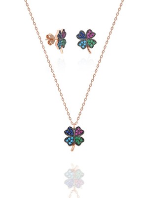 Nereze 925 Ayar Gümüş Mix Taşlı Yonca Küpe ve Yonca Kolye Set