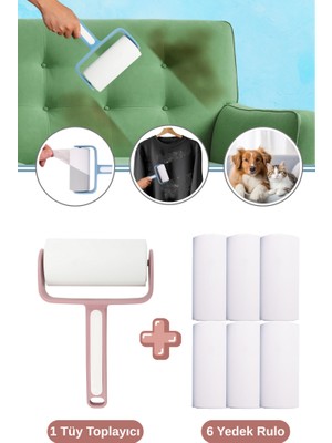 Flora Tüy Toplayıcı ve 6 Adet Yedek Rulo Seti, Kedi Köpek Kıyafet Halı Koltuk Yapışkanlı Rulo Seti Pembe