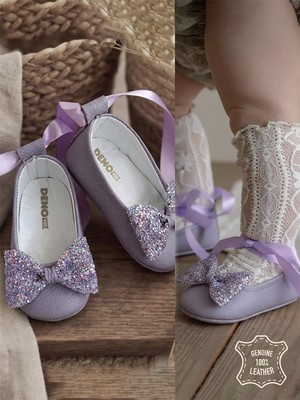 Denokids Kız Bebek Kurdeleli Patik Hakiki Deri Lila Babet Yumuşak Taban Ayakkabı 17-21 Numara