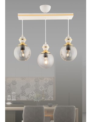 Normadia Modern 3'lü Caka Beyaz Gold Glop Camlı Lüks Salon Avizesi