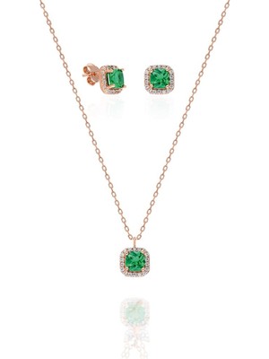 Nereze 925 Ayar Gümüş Yeşil Kare Tasarım Küpe ve Kolye Set