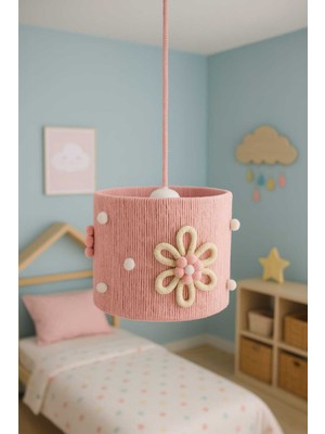 Normadia Pembe Makrome Ip Sargı Çiçek Aplike Ekru Ponponlu Sarkıt Avize