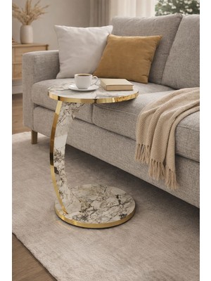 İntergo Preo Premium Tekerlekli Yan Sehpa | Gold Dekoratif C Sehpa