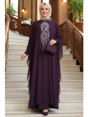 Neva Style Panço Detaylı Mürdüm Tesettür Abaya 25914MU