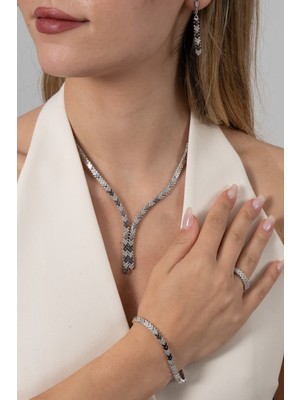 Söğütlü Silver 925 Ayar Gümüş Takım Rodyumlu V Model Işıltılı Zirkon Taşlı Kolye, Bileklik, Küpe Takımı SGTL13133RODAJ