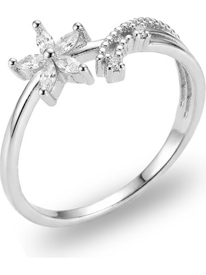 Söğütlü Silver 925 Ayar Gümüş Yüzük Rodyumlu Işıltılı Zirkon Taşlı Zarif Lotus Çiçeği Yüzük